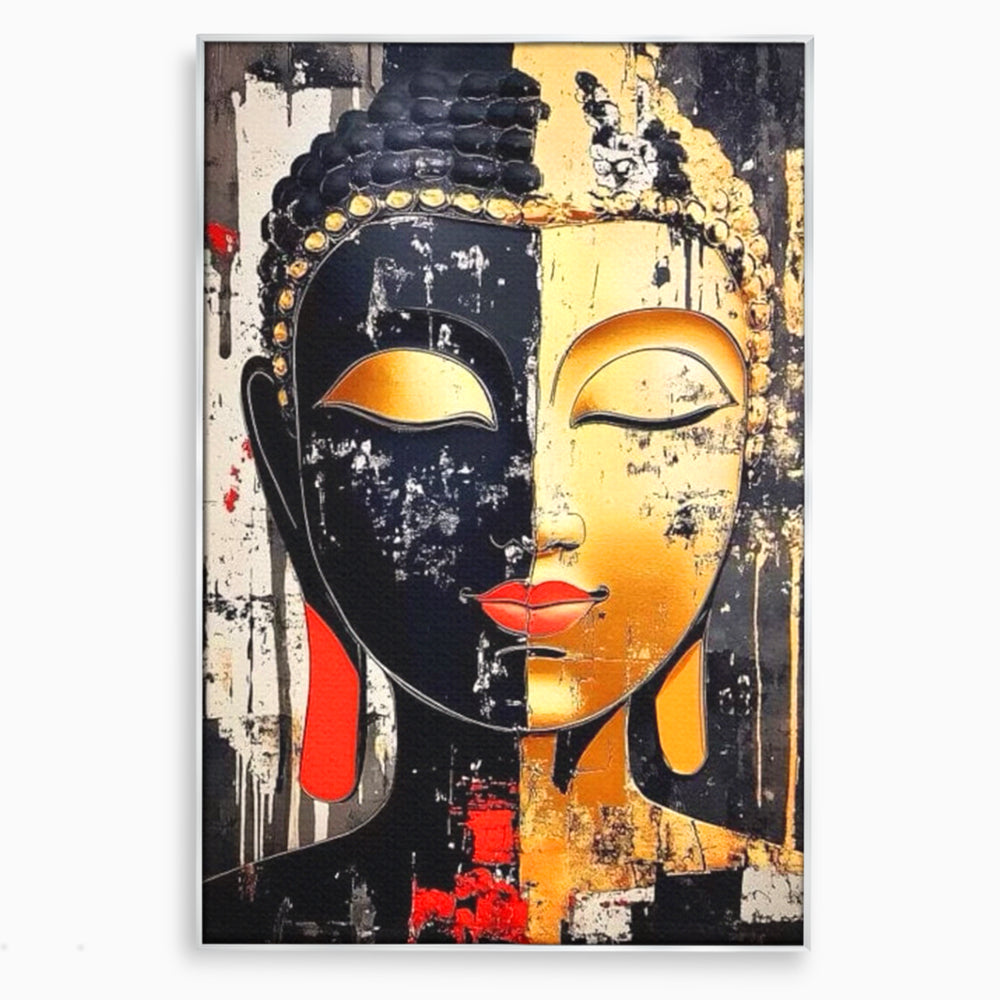 Tablou canvas cu tablou canvas cu chipul lui buddha, in rama de aluminiu argintiu